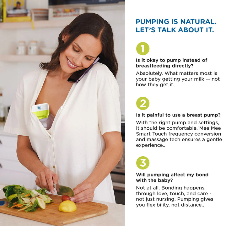 Mee Mee Smart Touch Electric Wearable Breast Pump addresses common questions about using a breast pump instead of breastfeeding, comfort during pumping, and maintaining a strong bond with the baby.