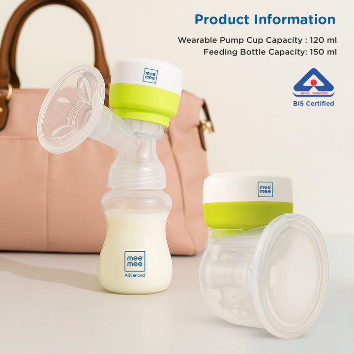 Mee Mee Smart Touch Electric Wearable Breast Pump with a 120 ml cup capacity and a 150 ml feeding bottle capacity for convenient milk collection and storage.